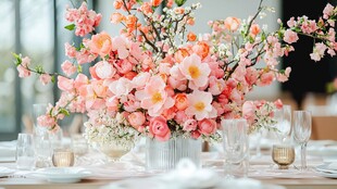 粉色繁花装点精致餐桌