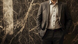 商务男士靠墙的帅气姿态