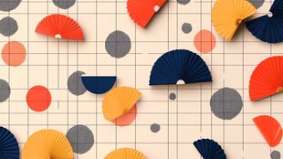 多彩折扇与几何图案背景