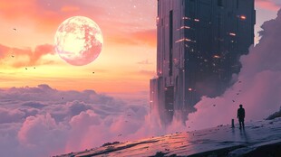 云端之上的月夜孤独身影