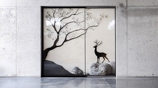 中式风鹿与树图案移门