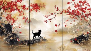 黑猫赏春景中式风情画