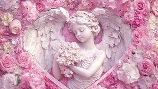 粉色花中天使雕塑