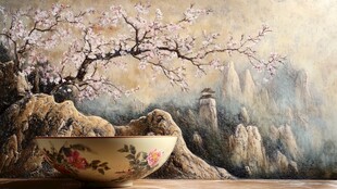 古风瓷碗与繁花山水图景