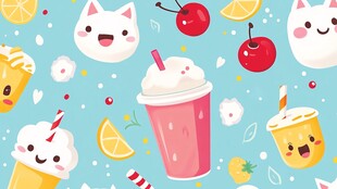 可爱猫咪与美味饮品图案