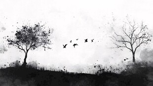 水墨风树鸟图景