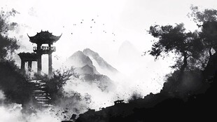 水墨山间古亭意境图