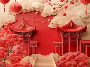 中式喜庆场景 红亭红灯瑞景