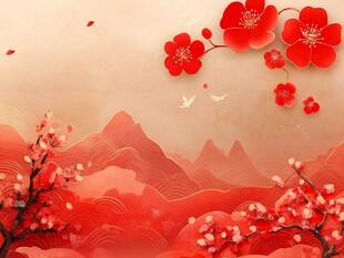 红梅映山景 中式意境美