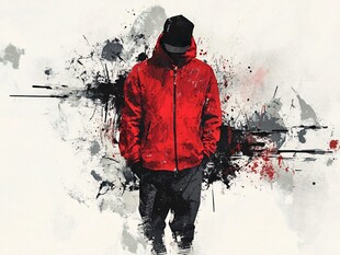 红衣潮人背影水墨风画面