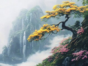 黄山奇松伴繁花瀑布景