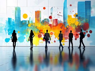 都市行人剪影与多彩城市景