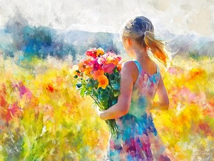 女孩持花漫步绚烂花田