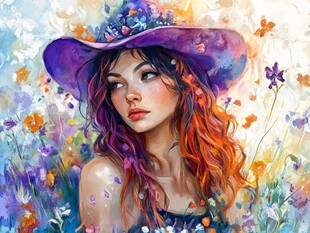 花中紫帽少女梦幻肖像