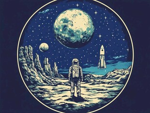 宇航员眺望月球与火箭