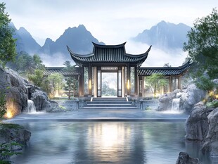 中式山水庭院静谧景致