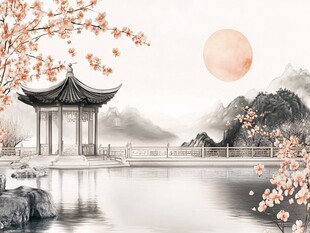 湖畔古亭映月樱花景