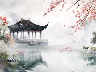 水墨湖畔亭 繁花映春景