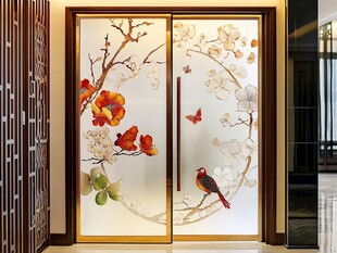 中式花鸟艺术双开玻璃门