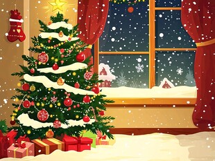 温馨圣诞室内雪景圣诞树
