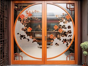 中式雕花双开木质庭院门