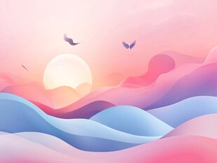 梦幻晚霞下的山川飞鸟