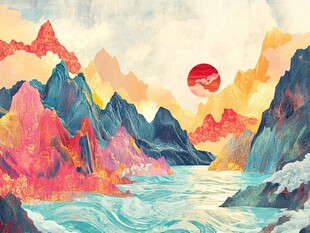 梦幻山水间的绚烂日落