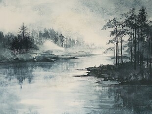 水墨湖畔静谧山林图景