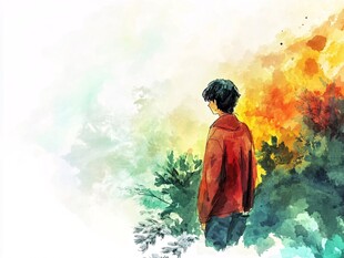 少年立于斑斓景致间