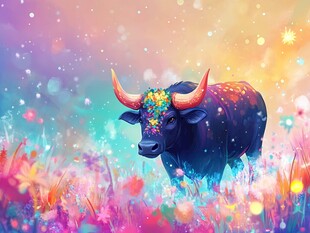 梦幻花饰牛漫步缤纷草地