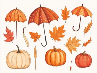 秋季元素插画 雨伞南瓜枫叶