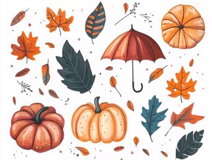 秋季元素插画 伞 南瓜与叶