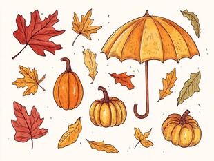秋季元素插画 伞 南瓜与秋叶