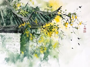 古檐繁花处 飞鸟入画中