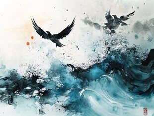 水墨飞鸟逐浪图