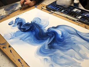 蓝色水墨创作中的艺术瞬间