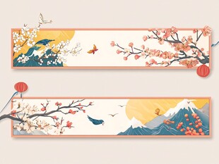 日式花鸟富士山横幅插画