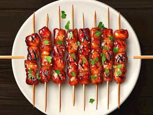 美味烤肉串摆放在白色盘上