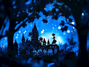 梦幻夜下的城堡与女孩剪影