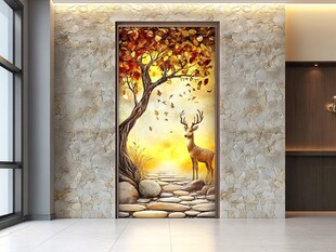 秋景鹿影玄关艺术壁画