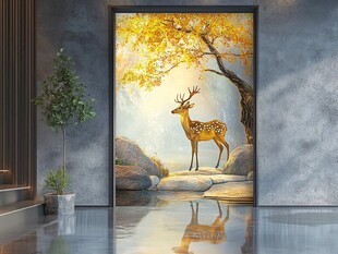 鹿立溪边 秋树相伴之景