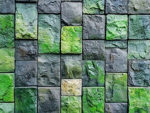绿灰相间的石砖墙面纹理