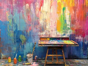 多彩涂鸦墙前的绘画角落