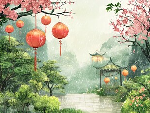 雨中桃林挂灯笼古景美