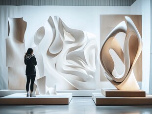 女子赏抽象雕塑艺术作品