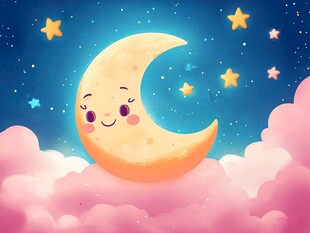 可爱月亮在梦幻星空云朵间