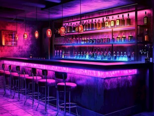 梦幻霓虹风的时尚酒吧空间
