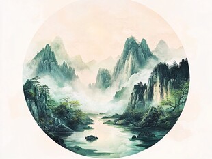 水墨山水圆形意境画作