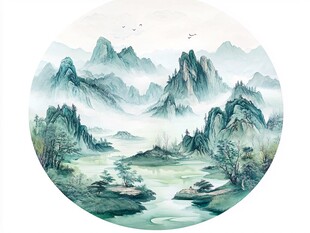 圆形水墨山水意境图