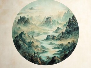 圆形水墨山水意境画